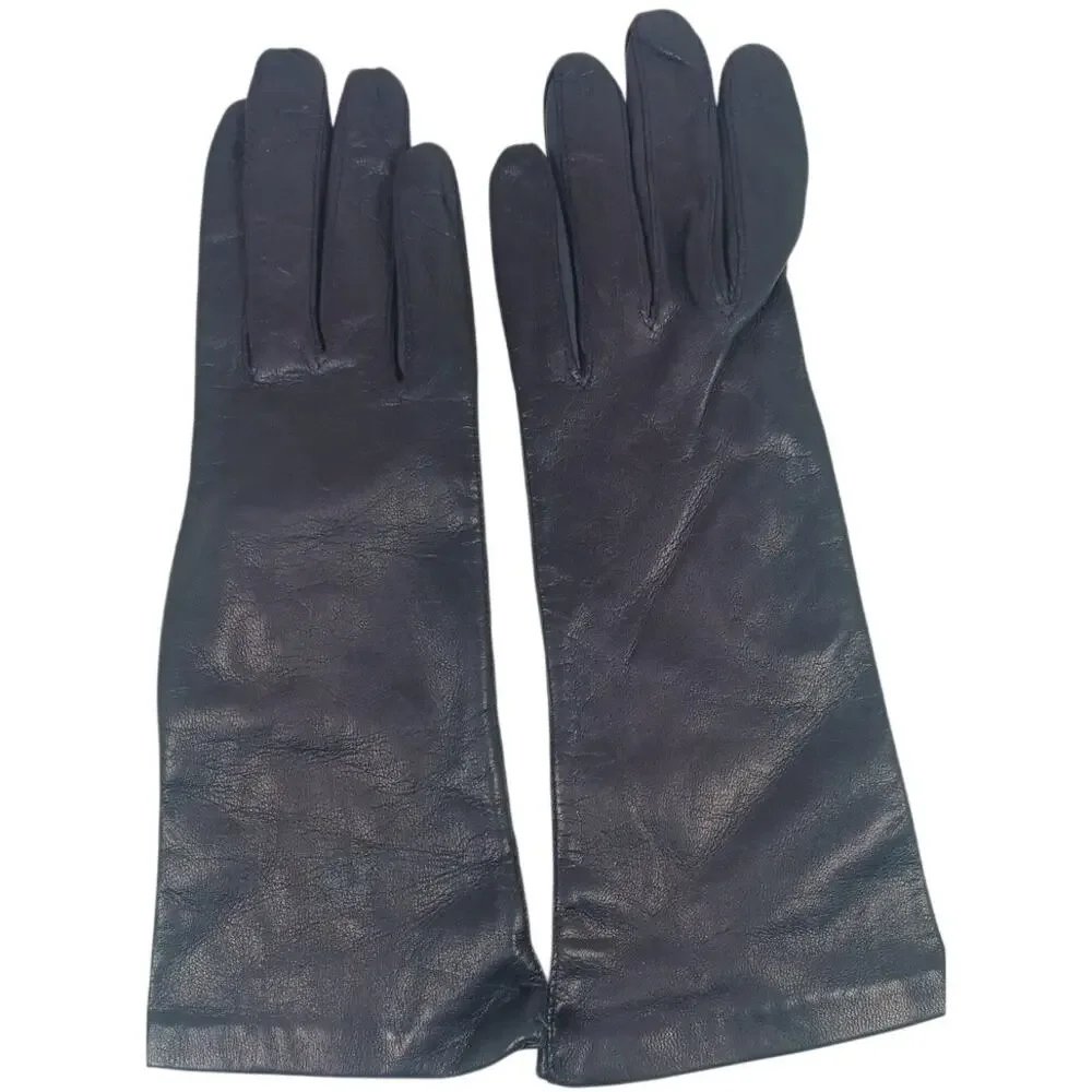 Vintage Made in Italy Dark Blue Leather Gloves with 100% Silk Lining, Size 7